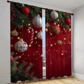 3D 2pcs Red Christmas Printed Semi-Blackout Curtains with Green Pine Branches and Golden Balls Drapes for Living Room Bedroom (W50cmxH130cm)x2&Rod Pocket