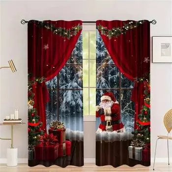 3D 2pcs Set Of Santa Claus Christmas Curtains-Digital Print,Rod Pocket Design,Polyester -Perfect For Living Room, Kitchen,Bedroo W65X60H(cm)X2Pcs&Hook