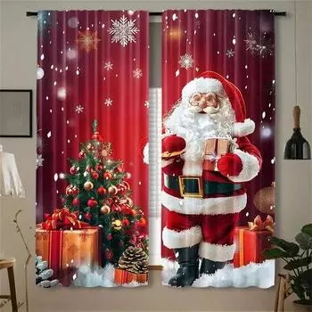 3D 2pcs Set Of Santa Claus Christmas Curtains-Digital Print,RodPocket Design,Polyester - Perfect For Living Room,Kitchen,Bedroom W50X130H(cm)x2Pcs&Hook
