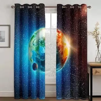 3D 3D Print Cartoon Space Galaxy Star Pattern Thin Semi-Shading Window Curtain for Kid Childern Boy Bedroom Living Room Home Hoo W65X60H(cm)X2Pcs&Hook