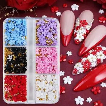 3D Acrylic Flower Nail Art Charms Rhinestones Red Mixed Golden Bead Parts for Valentine s Nail Decoration Accessories Supplies