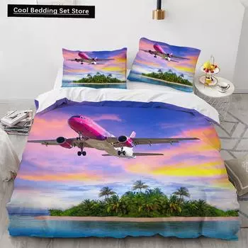 3D Airplane King Queen Duvet Cover Pink Airliner Bedding Set for Adults Sky Sea Natural Landscape 2/3pcs Polyester Quilt Cover EU single(135x200cm)