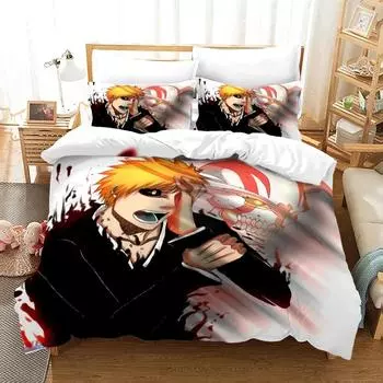 3D аниме Bleach Kurosaki Ichigo пододеяльник наволочка комплект постельного белья двуспальный твин полный двуспальный двуспальный двуспальный комплект постельного белья для взрослых и детей пододеяльник EU Twin 135x200cm