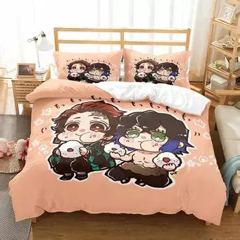 3D Anime Demon Slayer Duvet Cover Sets with Pillow Cover Polyester Teens Boys Bedding Set Full Queen King Size Cartoon Bed Linen EU single(135x200cm)