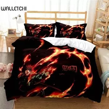 3D Anime Demon Slayer Nezuko Tanjirou Bedding Set Boys Girls Twin Queen Size Duvet Cover Pillowcase Bed Boys Adult 70x133cm 2pcs