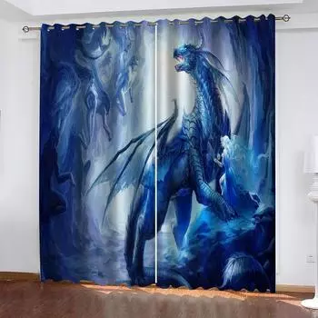 3D аниме монстр дракон плотные шторы 2 панели комната затемнение люверсы шторы, оконные шторы для гостиной W70xH160cmx2&Grommet Top