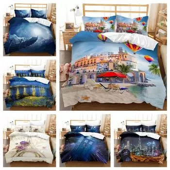 3D Архитектурный Пейзаж Домашний Комплект Постельных Принадлежностей Односпальная Кровать Двуспальная Кровать Полноразмерная Наволочка и Пододеяльник 2/3 шт Подарок UK Single 135x200cm
