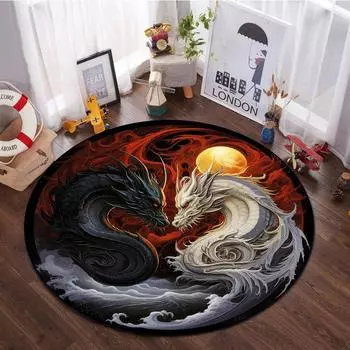 3D Art Fun Mythology Черно-белый круглый ковер с драконом, подходящий для гостиничной комнаты, спальни, ванной комнаты, кухни, дверного коврика 60X60cm