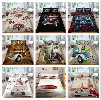 3D автомобильная печать, постельное белье, односпальная двуспальная кровать, полноразмерный мультяшный винтажный автомобиль с узором, наволочка и пододеяльник, моющееся и удобное украшение для дома UK Single 135x200cm