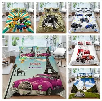 3D автомобильная печать, постельное белье, односпальная двуспальная кровать, полноразмерный мультяшный винтажный автомобиль с узором, наволочка и пододеяльник, моющееся и удобное украшение для дома UK Single 135x200cm