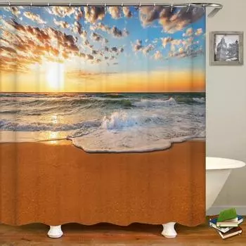 3d Beach Scenery Shower Curtains Sea Ocean Mediterranean Bathroom Curtain Waterproof Cloth Decoration 180*240cm Bath Curtain 90x180cm-35x70in