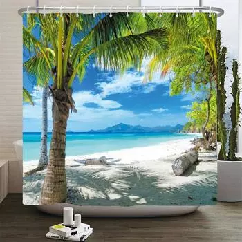 3d Beach Scenery Shower Curtains Sea Ocean Mediterranean Bathroom Curtain Waterproof Cloth Decoration 180*240cm Bath Curtain W90xH180cm