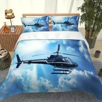 3D Bedding Set Helicopter Duvet Quilt Cover Set Comforter Cover Pillowcase King Queen Size Printed Polyester Summer Quilt Cover W90xL190cm