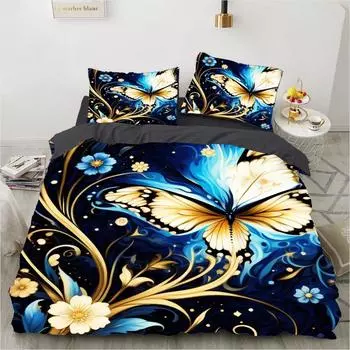 3D Bedding Set Luxury Duvet Cover Set Bed Set Duvet Cover 220x240 with Pillowcase Comforter cover Bedding Sets Blue butterfly 70x133cm 2pcs