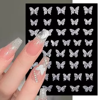 3D блестящая серебряная наклейка для ногтей с бабочкой, наклейки для дизайна ногтей, декор для ногтей своими руками