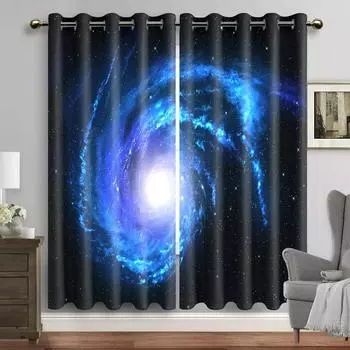 3D Blue Galaxy Window Curtains Space Planet Semi Blackout Curtain Universe Stars Drapes for Bedroom Starry Forest Cortinas 2pcs (50Wx50H)x2(CM)&Rod Pocket