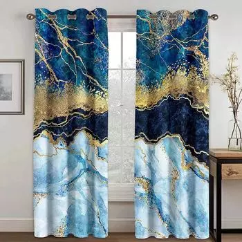 3D Blue Gold Dali Texture Curtains European Luxury Home Decor Shading Curtains 2 Panels Living Room Bedroom Window Curtains 50W130H(CM)X2PCS&Grommet Top