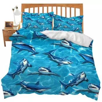 3D Blue Shark Quilt Cover Three-Piece Bedding Home Textile Duvet Cover Independent Station EU single 135*200