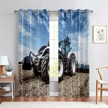 3D Blue Sky Farm Тракторные шины Шторы Гостиная Кухня Спальня Балкон Окно Украшения 2 Панели 50W130H(CM)X2PCS&Grommet Top