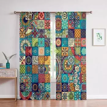 3D Bohemian Style Mandala Pattern Polyester Curtains 2 Panels Living Room Bedroom Balcony Office Kitchen Study Window Treatment W60xH100(CM)x2pcs&Hook