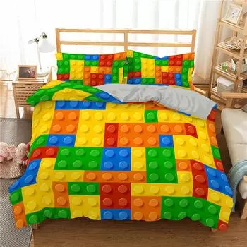 Комплект постельного белья с рисунком 3D Building Block, комплект постельного белья из полиэстера с наволочкой, домашний декор, размер King Queen Size 70x133cm 2pcs