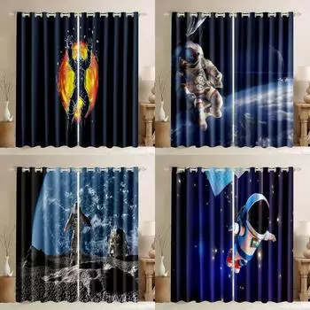 3D Cartoon Astronauts in Space Universe Children s 2 Pieces 90% Shading Blackout Window Curtain for Living Room Bedroom Decor W50H130(CM)x2&Hook