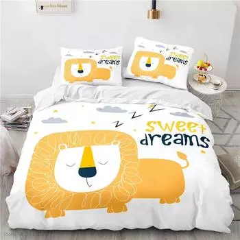 3D Cartoon Cute Lion Pattern Duvet Cover Sets with Pillowcase Bedding Set Single Double Twin Full Queen King Size Bedroom Decor 135x200cm