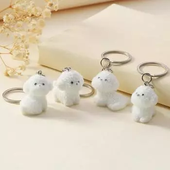 3D Cartoon Flocking White Dog Keychain Cute Flocked Puppy Animal Keyring Bag Pendant Backpack Charm Car Decor Accessories Gift A1