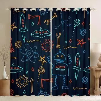 3D Cartoon Machine Parts Astronauts Rocket Digital Printing Window Curtains, Bedroom, Living Room, 2 Panels 50W160H(CM)x2Panel&Hook