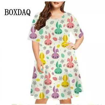 3D Cartoon Rabbit Print Dress Easter Egg Dress Women Short Sleeve Fashion Kawaii Casual Dresses Party Oversized Women Clothing S