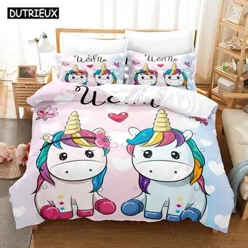 3D Мультяшные Единороги Комплекты Постельного Белья Набор Пододеяльников с Наволочкой Твин Фул Квин Кинг Постельные Принадлежности Постельное Белье EU single(135x200cm)