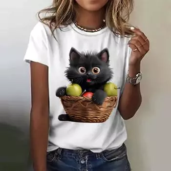 3D Cat Kawaii Print T-Shirt Girls Clothes Fashion Casual Harajuku Funny Girl Clothing Short Sleeve Tshirts S