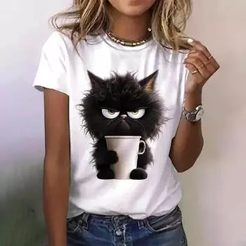 3d Cat Kawaii Print Женские футболки Летние топы для женщин Модные повседневные Harajuku Смешные женские футболки с коротким рукавом S