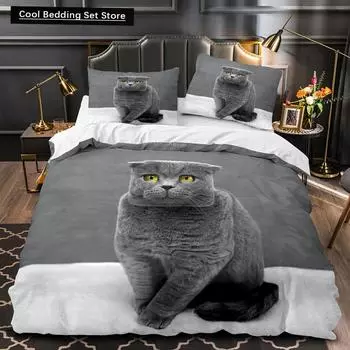 3D Cat King Queen Пододеяльник Kawaii Square British Shorthair Kitty Комплект постельного белья для взрослых с животными 2/3 шт. Полиэстеровый пододеяльник EU single(135x200cm)