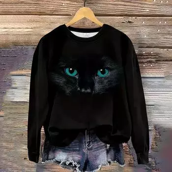 3D Cat Print Long Sleeve Womens O-Neck Tops New Autumn Elegant Hoodies Sweatshirt Fashion Casual Bloose Women Clothing S
