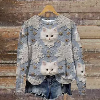 3D Cat Print O-Neck Hoodies Women 2023 Осень Зима Повседневная уличная одежда Свободная уличная одежда Новая мода Повседневная толстовка для женщин S