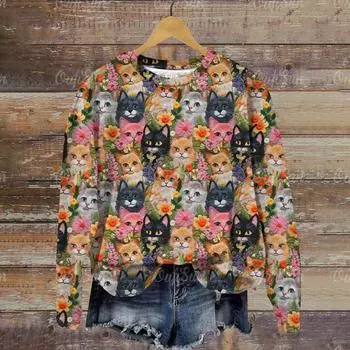 3D Cat Print Женские толстовки с капюшоном Осень Новые пуловеры Толстовки Женские модные повседневные женские топы с круглым вырезом Свободная хлопковая одежда S