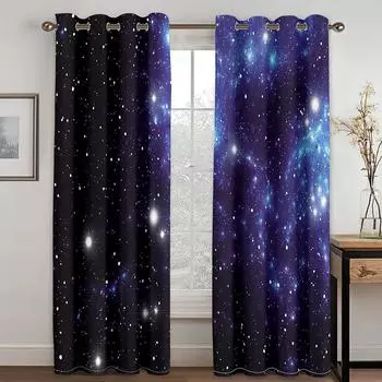 3D Cheap Blue Stars Galaxy Space Psychedelic Starry Sky 2 Pieces Shading Window Curtains for Living Room Bedroom Home Decor Hook 100W130H(CM)40x51in&Grommet Top
