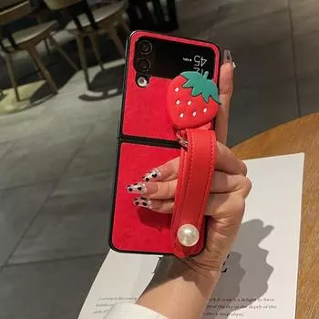 3D чехол для телефона с клубникой для Samsung Galaxy Z Flip 4 3, чехол из искусственной кожи с жемчугом, ремешок на запястье, кронштейн For Galaxy Z Flip 3