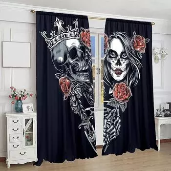3D Череп Скелет и Роза Узор 2 шт. Занавеска для окна, подходящая для гостиной, отеля, ванной комнаты и домашнего декора Крючок Small W50H60(CM)x2&Hook