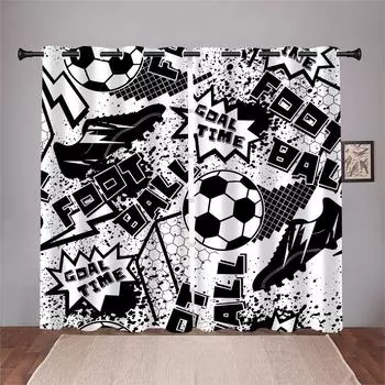 3D черно-белые граффити в мультяшном стиле, футбольные шторы, 2 панели, для мальчиков и девочек, спальни, гостиной, кабинета, декоративные шторы 50W130H(CM)X2PCS&Grommet Top