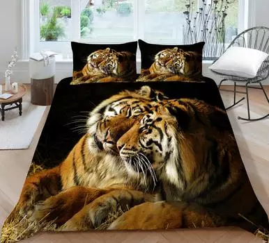 3D черный фон пара тигр напечатанный вниз одеяло обложка Постельное белье Комплект вымытой микрофибры 2 / 3 установлен одеяло крышка Постельное белье Комплект UK Single 135x200cm