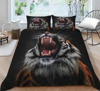 3D черный фон с принтом ревущего тигра, пододеяльник, комплект постельного белья, стираная микрофибра, 2/3 комплекта, пододеяльник, комплект постельного белья UK Single 135x200cm