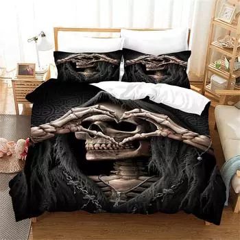 3D Черный Ужас Забавный Скелет Сердце Жест Дизайн Череп Комплекты Постельных Принадлежностей Односпальная Двуспальная Кровать Пододеяльник и 2 шт. Наволочка 135x200 cm
