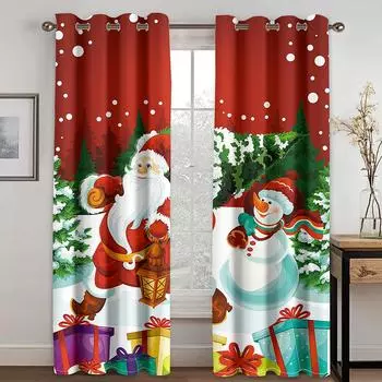 3D Christmas Curtains Christmas Christmas Tree Snowman Red Curtains Balcony Living Room Window Decorative Curtains 2 Panels 50W130H(CM)X2PCS&Grommet Top