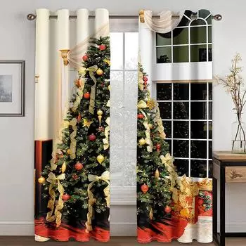3D Christmas Tree Pattern Christmas Decor Sunshade Curtains 2 Panel Luxury Living Room Curtains Bedroom Window Room Home Decor 50W130H(CM)X2PCS&Grommet Top
