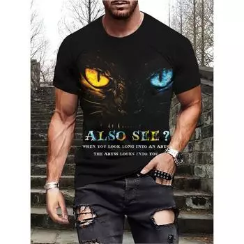 3D цифровая кошка с контрастным рисунком глаз. А ТАКЖЕ ВИДЕТЕ? Футболка с круглым вырезом и коротким рукавом с принтом букв, стильный летний топ S