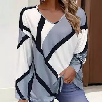 3D цифровая печать геометрического рисунка женский весенний универсальный топ с V-образным вырезом и длинными рукавами размера плюс XL