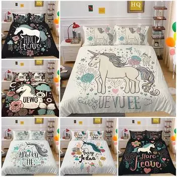 3D цифровая печать Комплект постельного белья с единорогом Пододеяльник Наволочка Комплект постельного белья Комплект постельного белья для спальни ЕС Полноразмерная односпальная/двуспальная кровать Украшение дома Baby 100x135cm