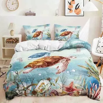 3D Цифровая печать Кровать из трех частей Иллюстрация животных Морская жизнь Кот и Собака Комплект одеяла 135 * 200 (two-piece set) 90g